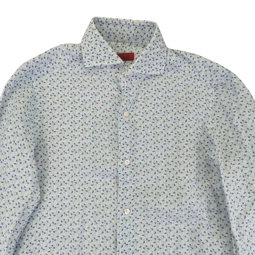 ISAIA NAPOLI Men's Blue Floral Print 100% Linen Button Down Dress‎ Shirt 15 38 - Picture 3 of 10